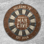 Cible De Fléchettes Tableau noir rustique Cave Homme Personnalisé<br><div class="desc">Personnalisez ce tableau de bord avec votre nom de famille et la date établie. Conçu pour vous par Blackberry Boulevard.</div>
