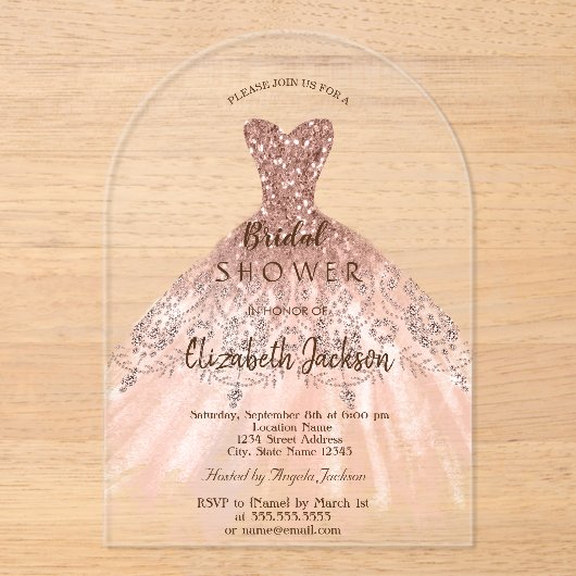 Cic Roze Gouden Glitter Jurk, Bruids Bruiloft Acryl Uitnodigingen (Voorkant)