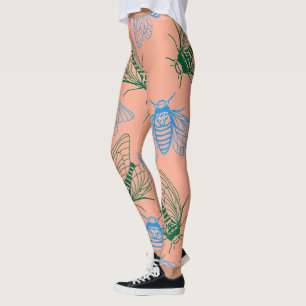 Cicada Botanische Illustratie Patroon Koraal Roze Leggings