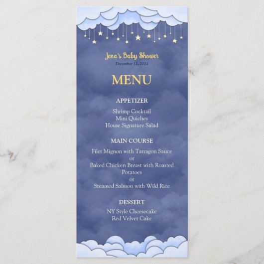 Ciel bleu avec étoiles pendantes Menu plat Baby sh (Devant)