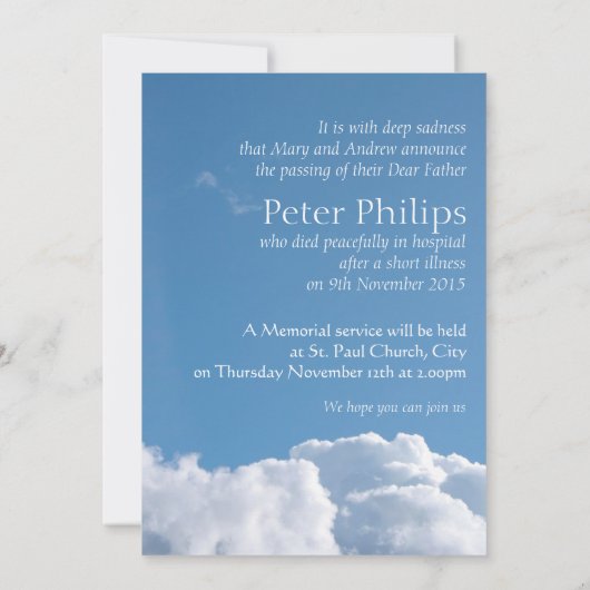 Ciel pacifique 1 Invitation à Faire-part funéraire (Dos)