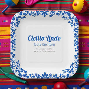Cielito Lindo Blauwe Talavera Bloemige Baby Shower Papieren Bordje