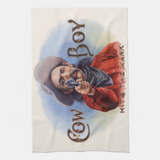 Cigar Label Art, Cowboy past het merk aan Theedoek (Verticaal)