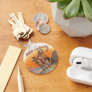 Cigar Label Art, Red Cloud Indian op paard Sleutelhanger