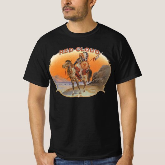 Cigar Label Art, Red Cloud Indian op paard T-shirt (Voorkant)