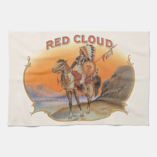 Cigar Label Art, Red Cloud Indian op paard Theedoek (Horizontaal)