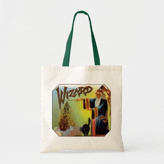 Cigar Label Art, Wizard met zwart katje Tote Bag (Voorkant)