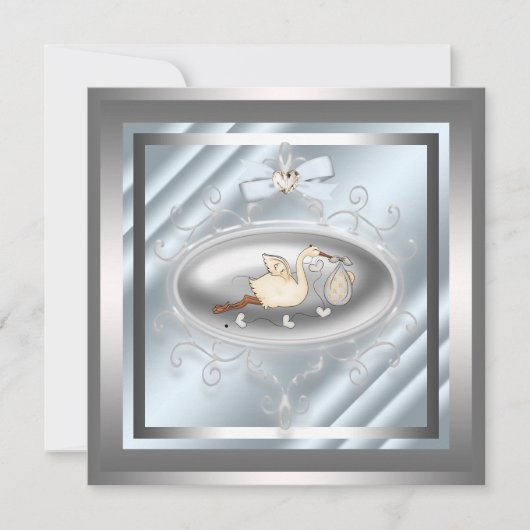 cigogne bleu argenté Baby Boy Shower Invitations (Devant)