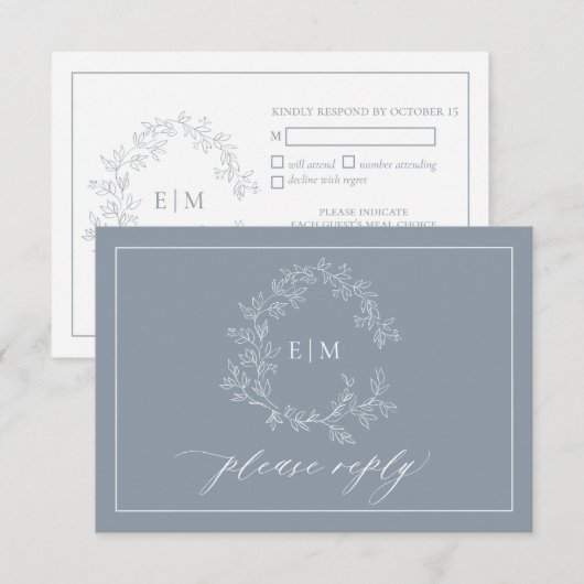 Cimetière bleu Dusty Monogramme Mariage Carte RSVP (Devant / Derrière)