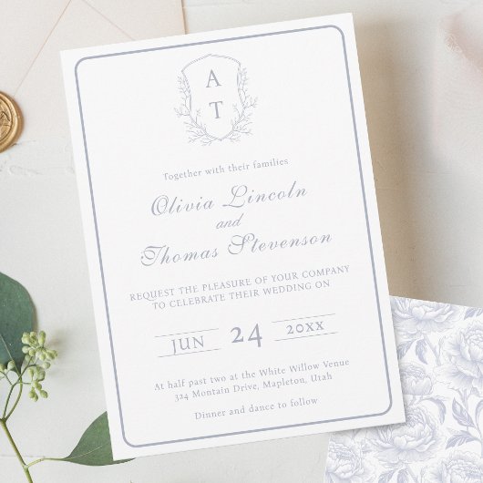 Cimier Monogramme Dusty Faire-part de mariage bleu