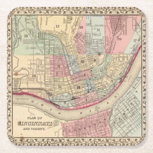 Cincinnati Map door Mitchell Vierkante Kartonnen Onderzetter (Voorkant)