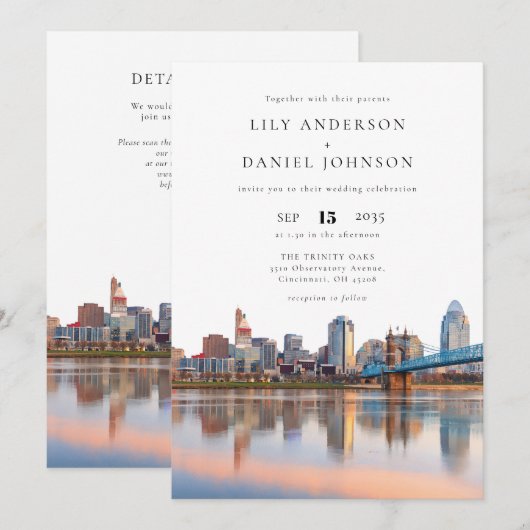 Cincinnati Skyline Watercolor QR Code Wedding Kaart (Voorkant / Achterkant)