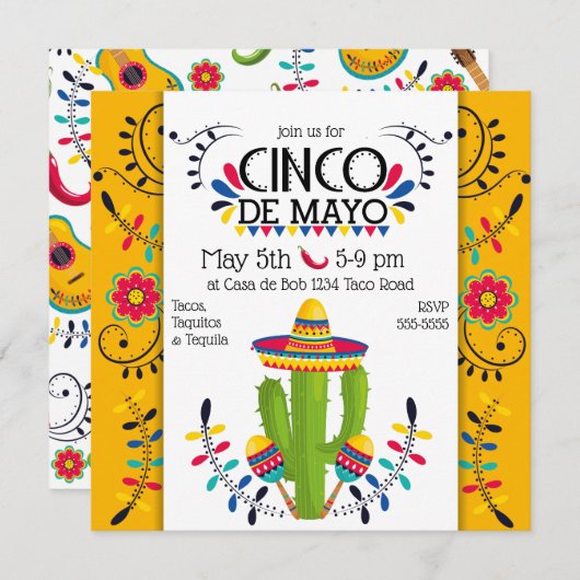 Cinco de Mayo Cactus Maracas Invitation folkloriqu (Devant / Derrière)