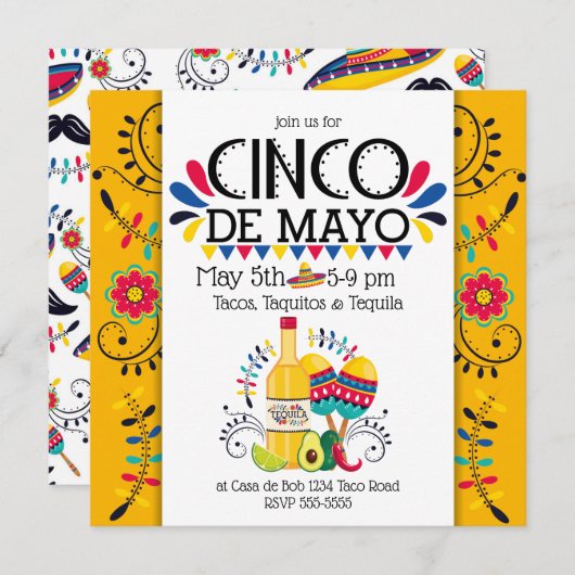 Cinco de Mayo Tequila Folk Invitation (Devant / Derrière)
