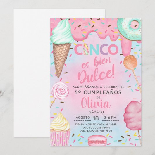 Cinco es bien dulce invitation d'anniversaire pour (Devant / Derrière)