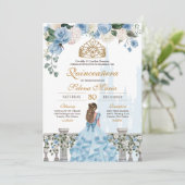 Cinderella Blue Rozen & Gold Princess Quinceañera Kaart (Staand voorkant)