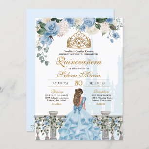 Cinderella Blue Rozen & Gold Princess Quinceañera Kaart