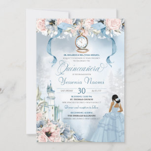 Cinderella Fairy Tale Blue Pink Floral Quinceanera Kaart