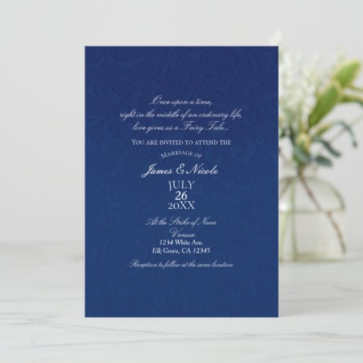 Cinderella Navy Blue Elegant Storybook Weddenschap Kaart (Staand voorkant)