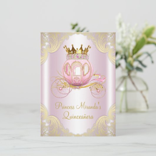 Cinderella Pink Gold Princess Quinceanera Kaart (Staand voorkant)
