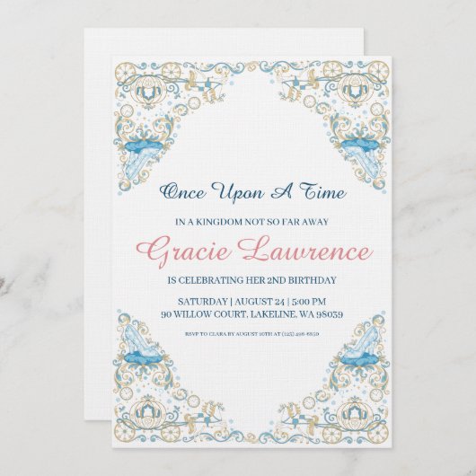 Cinderella princess birthday invitations (Devant / Derrière)