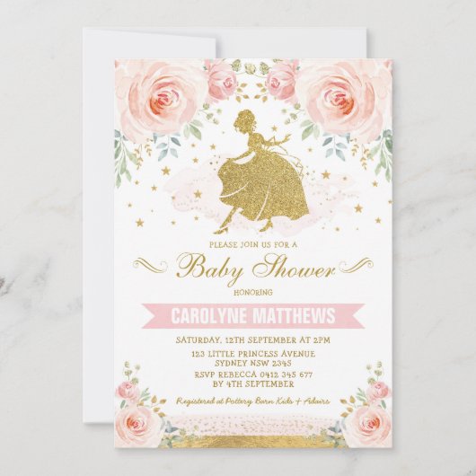 Cinderella Princess Blush Floral Girl Baby shower Kaart (Voorkant)