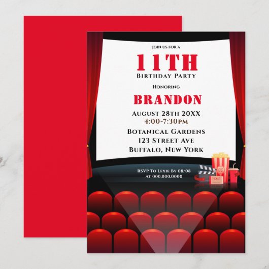 Cinéma 11e anniversaire fêtes Invitations (Devant / Derrière)