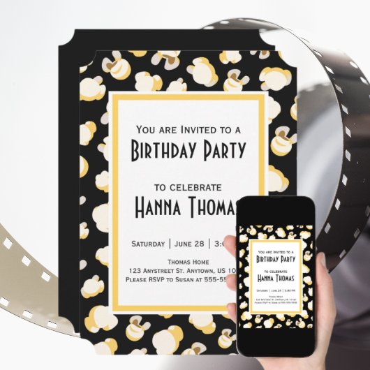 Cinéma Popcorn Thème Anniversaire Invitation