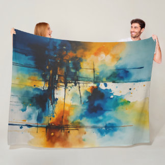 Cinematic Waterverf Art | Blauw & Sinaasappel Mode Fleece Deken
