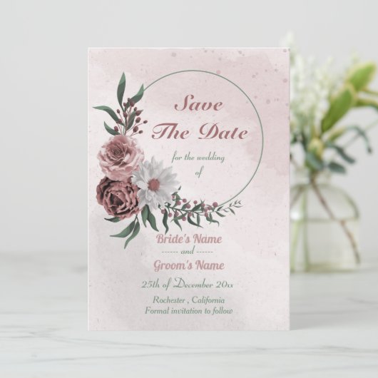 cinnamon roos witte florale spier save the date (Staand voorkant)