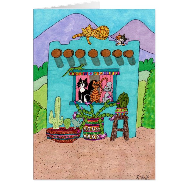 Cinq chats dans un Aqua Adobe House (Devant)