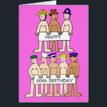 Cinquantième hommes heureux de bande dessinée<br><div class="desc">Deux rangées des hommes de bande dessinée,  utilisant juste des casquettes et supportant les longues bannières blanches qui couvrent leur modestie et ont le "joyeux cinquantième anniversaire" écrit sur elles. L'image a un arrière - plan rose lumineux.</div>