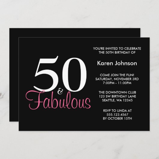 Cinquantième invitation noire et rose fabuleuse (Devant / Derrière)