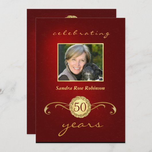 cinquantième Invitations d'anniversaire - rouge et (Devant / Derrière)