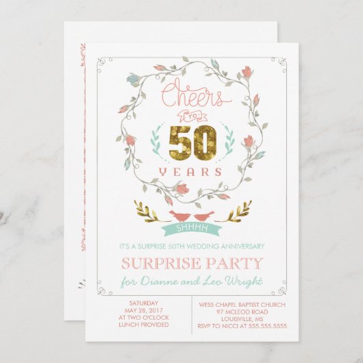 cinquantième Invitations de fête d'anniversaire (Devant / Derrière)