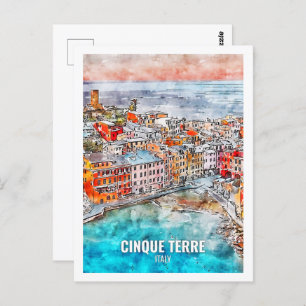 Cinque Terre Italië Beroemde Reisplaats Waterverf Briefkaart