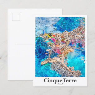 Cinque Terre Italië Reizen Waterverf Hand getekend Briefkaart