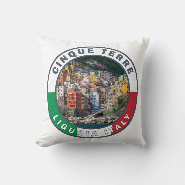 Cinque Terre Italy Waterverf  Cirkel Kussen (Voorkant)
