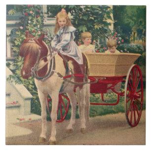 circa 1910 kinderen en door paarden getrokken karr tegeltje