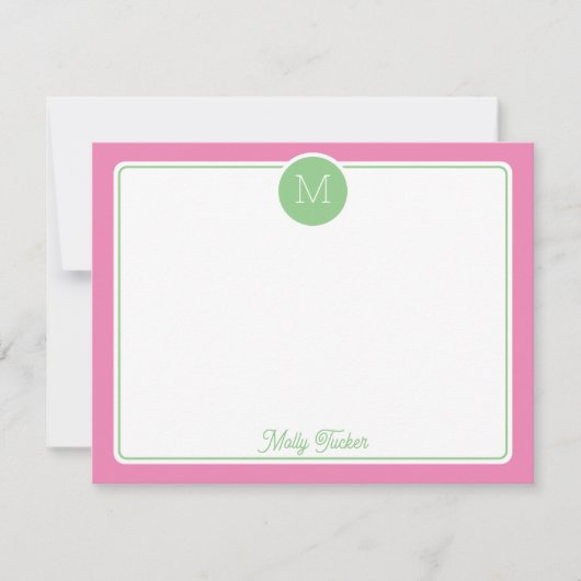 Circle Monogram Initial Preppy Pink Green Notitiekaartje (Voorkant)