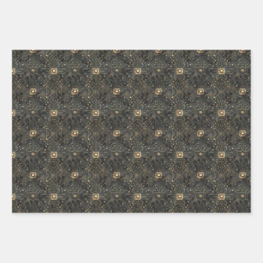 Circuit Board Computer Patroon Zwart Goud Wit Inpakpapier Vel (Voorkant 3)