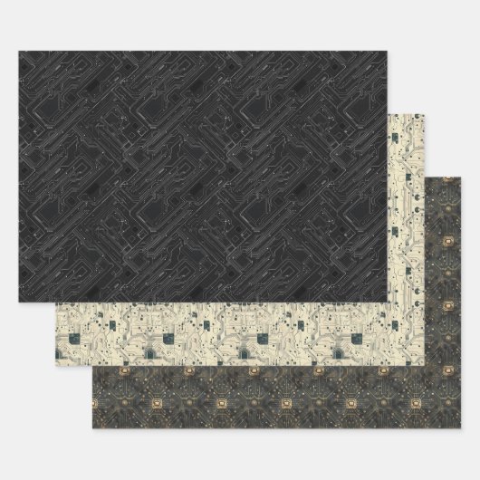 Circuit Board Computer Patroon Zwart Goud Wit Inpakpapier Vel (Set)