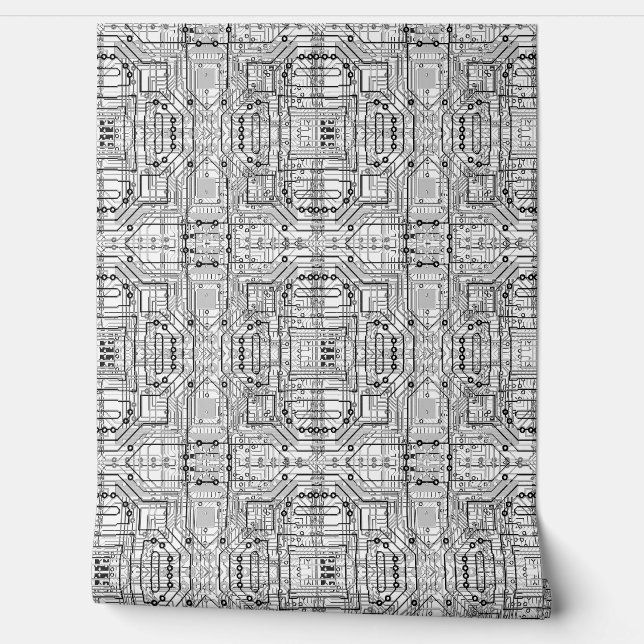 Circuit boards in zwart, wit en zilver behang (Afrollen)