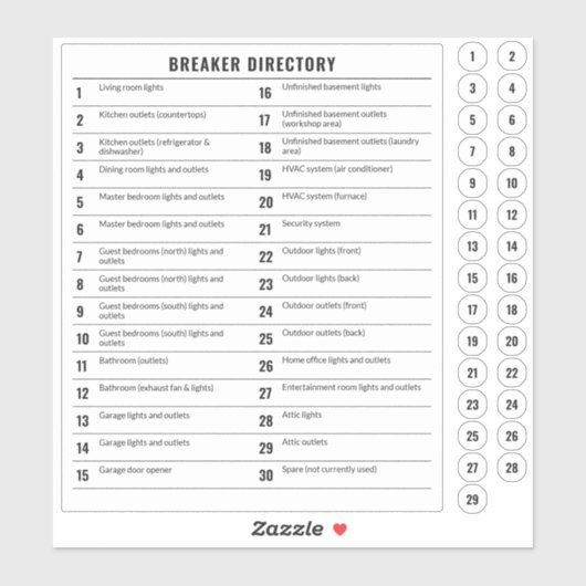 Circuit Breaker Directory & 30 Stickers Fuse Box (Feuille)