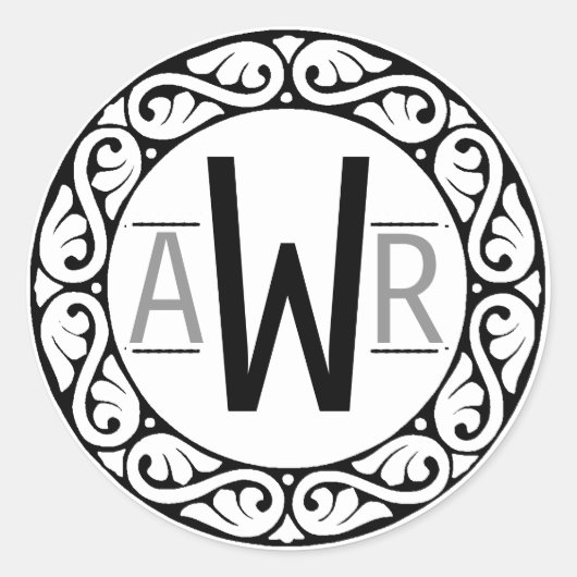 Circulaire Scrollwork Lijst Initialen B&W Ronde Sticker (Voorkant)