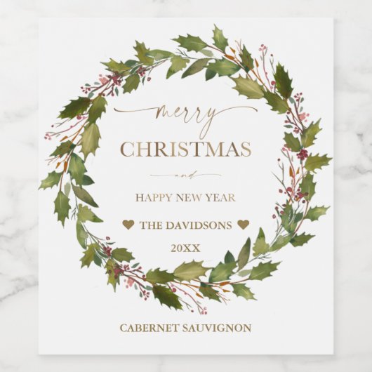 Circulaire Winterbessen Groene Bladeren Kerst   Wijn Etiket (Enkel label)