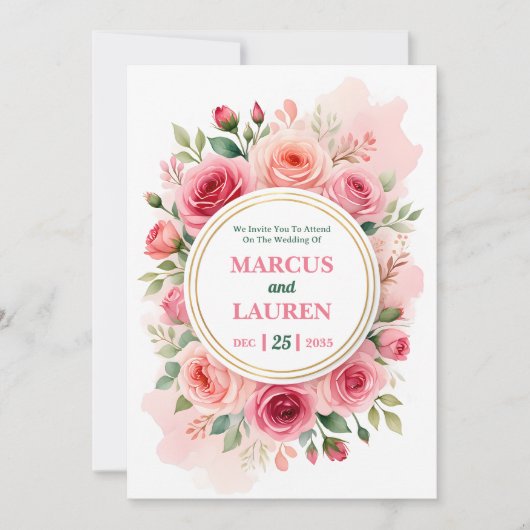 Circular Rose Frame Watercolor Wedding Invitation (Devant)