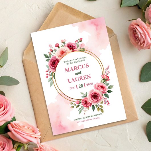 Circular Rose Frame Watercolor Wedding Invitation
