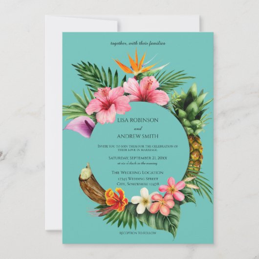 Circular Tropical Hawaiian Floral Wedding - Blue Kaart (Voorkant)