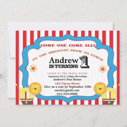 Circus 1st Birthday Party Invitation Kaart (Voorkant)